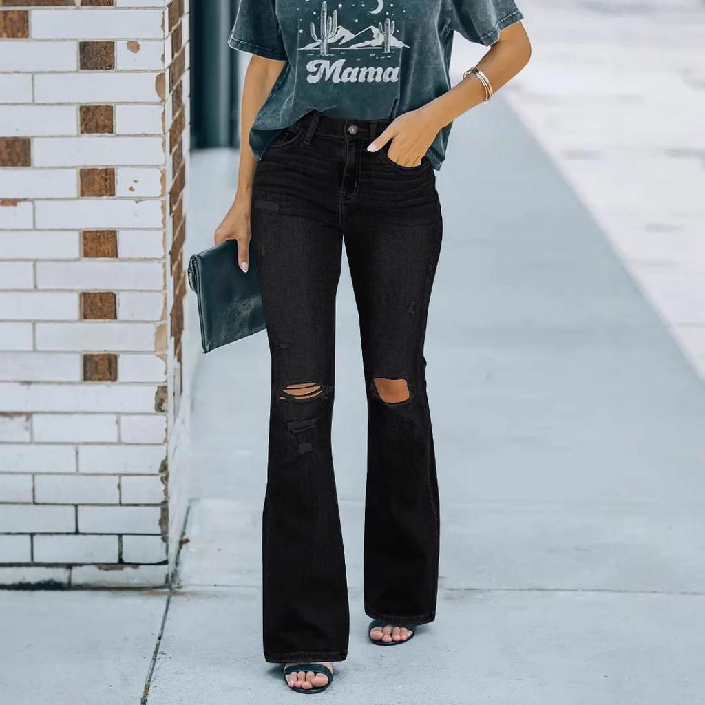 Women's Ripped High-Waisted Slimming Micro-Flare Jeans 2025 Fashion Washed