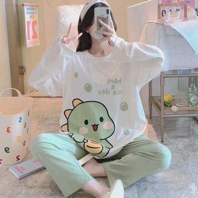 Korean Style Women's Pajama Set - Spring/Autumn, Loose Long Sleeves & Trousers, Round Neck, Cute Cartoon Print, Two-Piece Homewear.