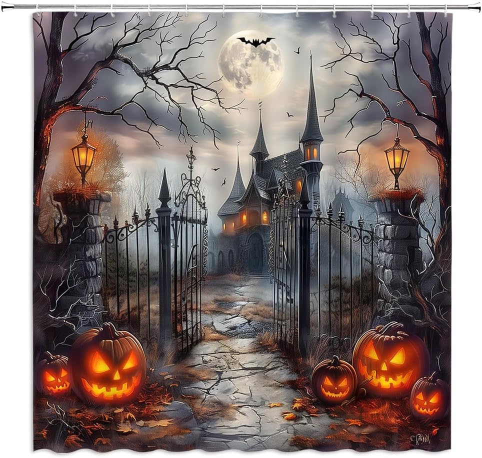Spooky Halloween Castle Shower Curtain Pumpkin Gothic Haunted House Full Moon Horror Day of The Dead Bat Creepy Tree Scary Goth 90x180CM