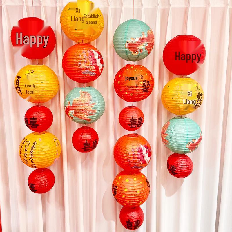 Ancient-Style Wedding Lantern with Fu Character: Tea Ceremony & Waterfall Scene Decoration