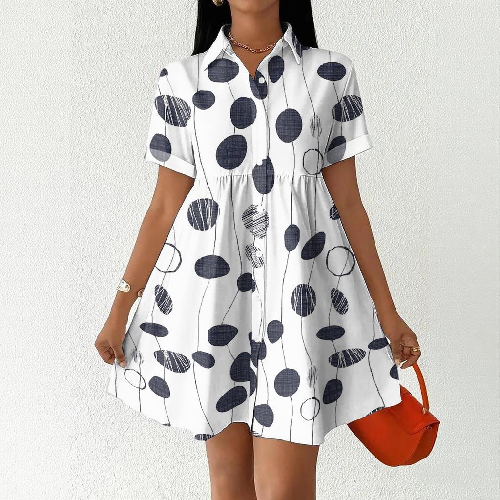 Women's Casual Loose Fit Shirt Dress Button Front Short Sleeve Turn Down Collar Dress with Printed Pattern Suitable for Daily Wear