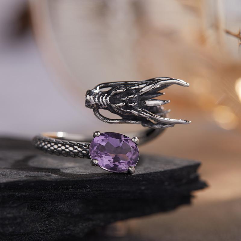 Non-Fading High-End S925 Sterling Silver 18K Gold Natural Amethyst Lucky Treasure Ring Women'S Simple Jewelry