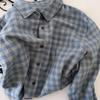 Women's Blue-Gray Plaid Brushed Shirt Jacket - Casual, Versatile Autumn/Winter Layer with High-End Feel