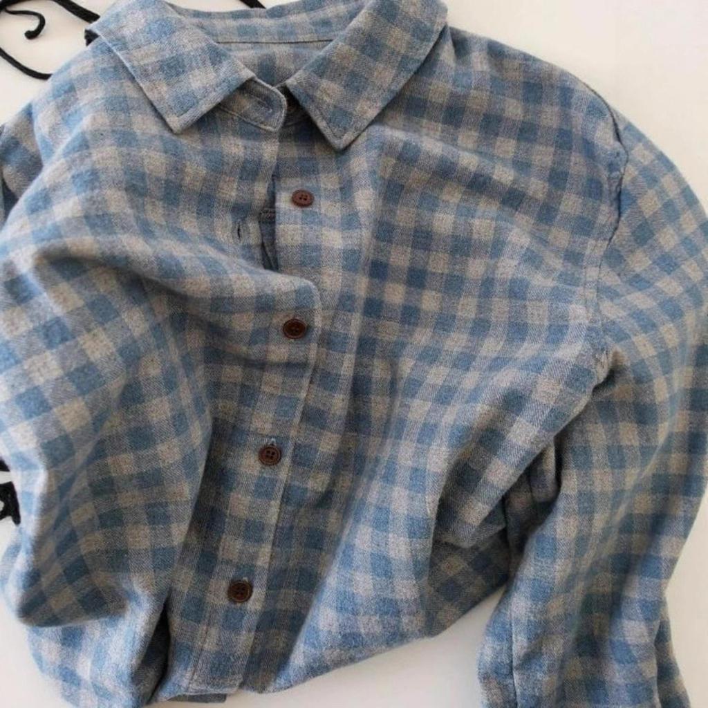 Women's Blue-Gray Plaid Brushed Shirt Jacket - Casual, Versatile Autumn/Winter Layer with High-End Feel