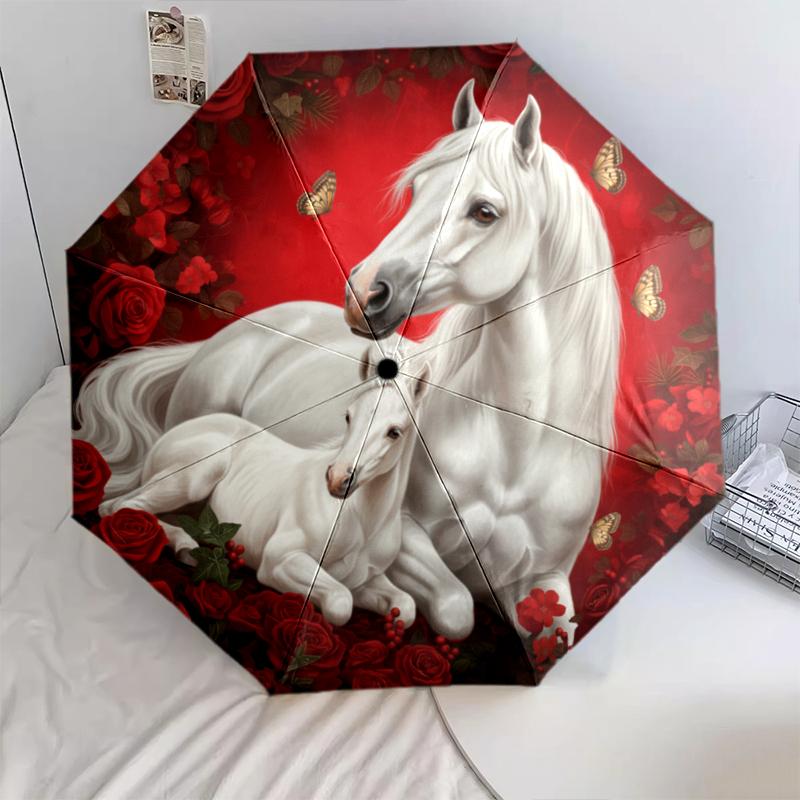 1 PC Automatic Folding Umbrella - Red Rose Horse Pattern, Portable & Foldable Design with 8 Ribs, Christmas Birthday Gifts