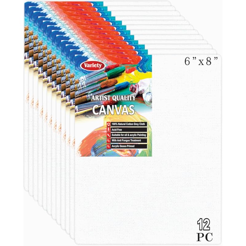 Variety Canvas 6 X 8 Inch Cotton Canvas Board For Painting, 7Oz Primed, Pack Of 12 Piece - White