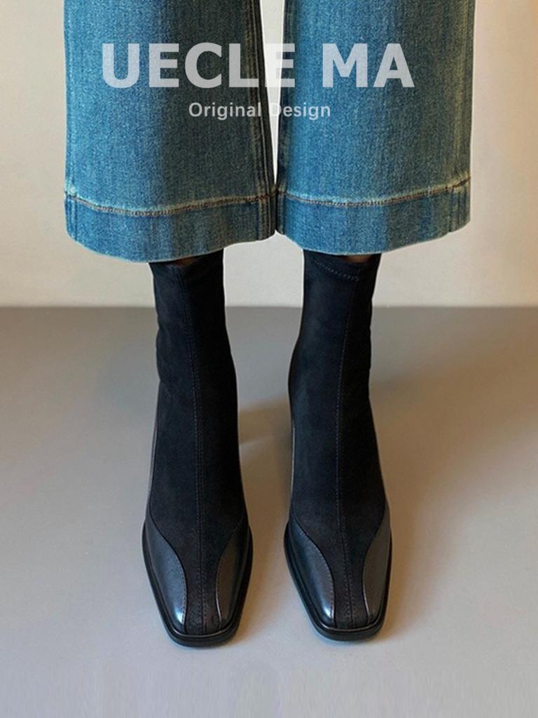 Cowhide~ Genuine leather short boots women's new autumn and winter thick heel Martin boots Chelsea thin boots French high heels autumn and winter