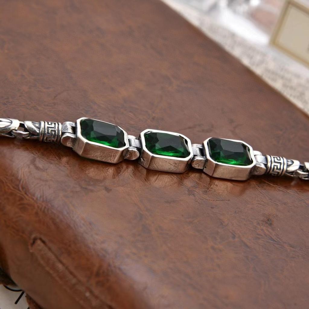 New Chinese Punk Style Men's Bracelet Green Crystals Auspicious Pattern Retro Unisex Fashion Accessory Trendy Streetwear Jewelry