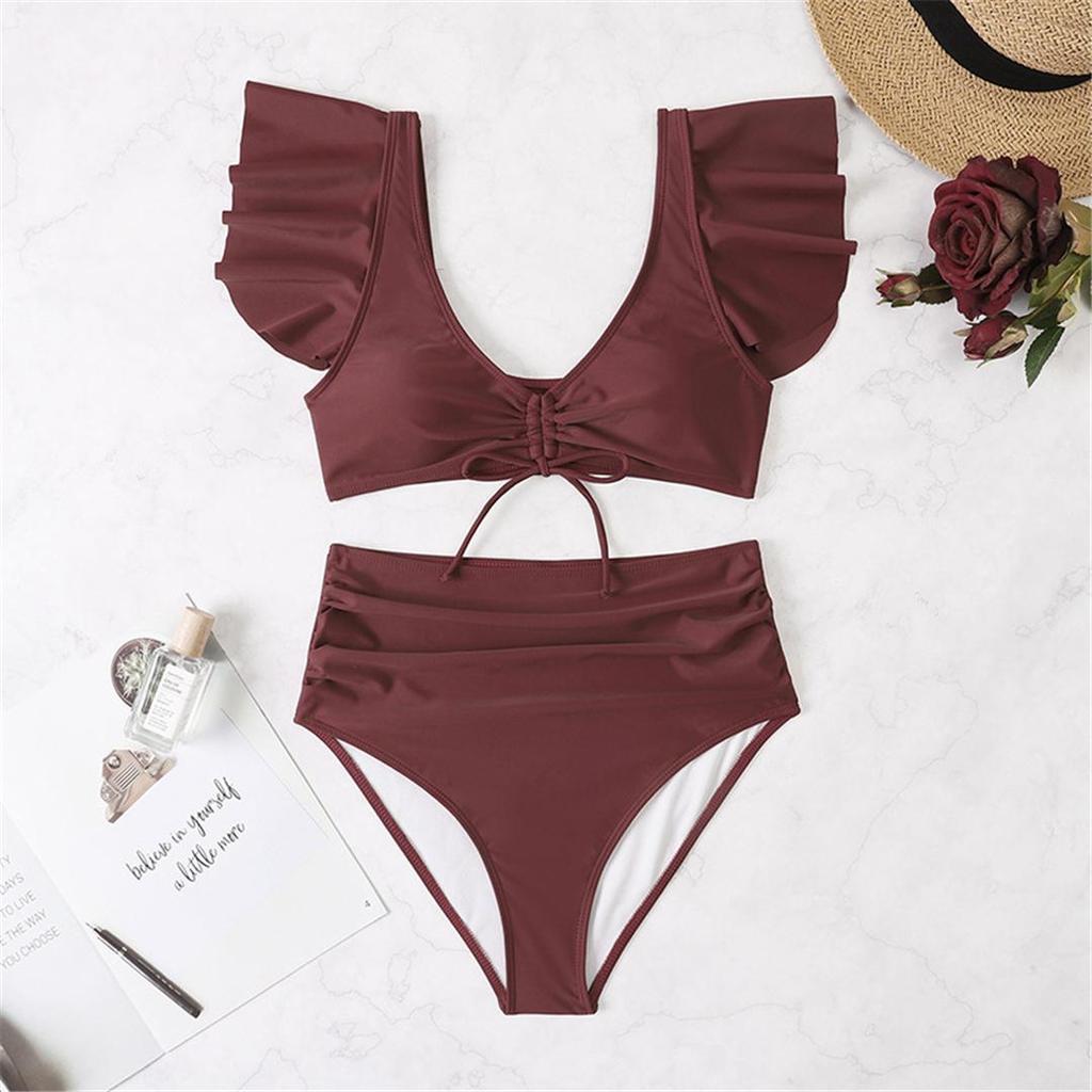 S- XL Sexy Lace Up Ruffled High Waist Bikini Female Swimsuit Women Swimwear Two-pieces Bikini Set Bather Bathing Suit Swim