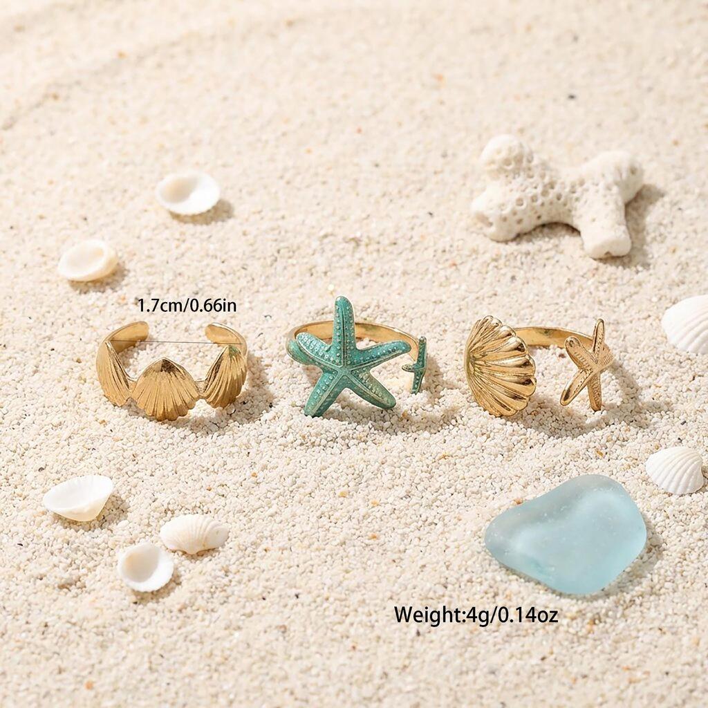 Bohemian Seashell & Starfish Beach Ring Set - 3 Pieces