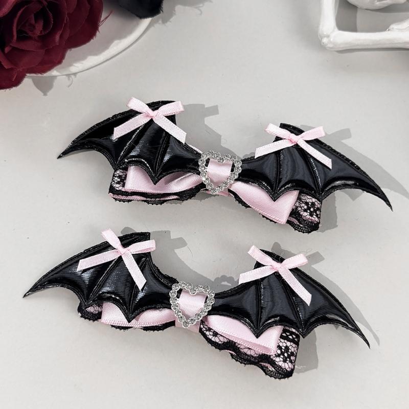 Dark Holiday Hair Barrettes, 1 Pair Halloween Winged Ribbon Design With Heart Detail and Lace Trim for Party Looks