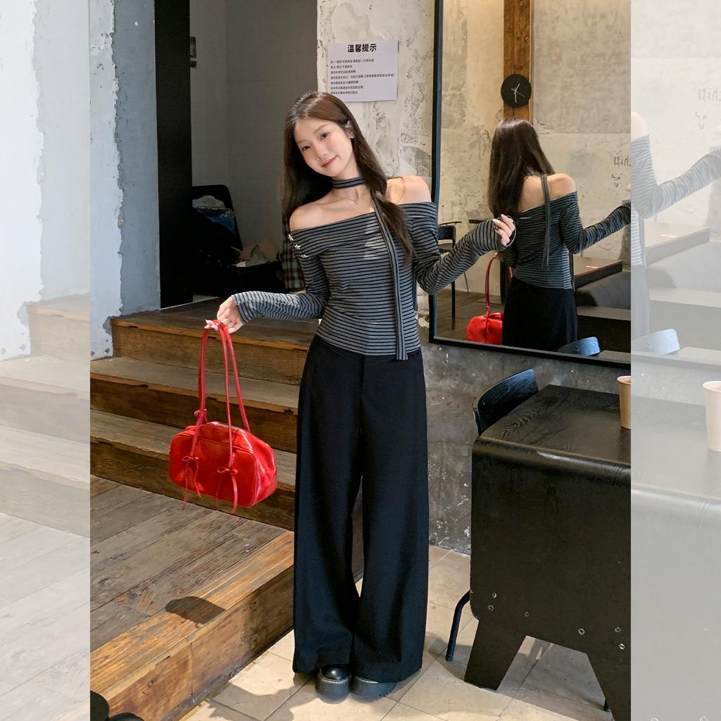 Black and Gray Striped Contrasting Colors One-word Shoulder Exposed Collarbone Long-sleeved T-shirt Women's Early Autumn Irregular Streamer