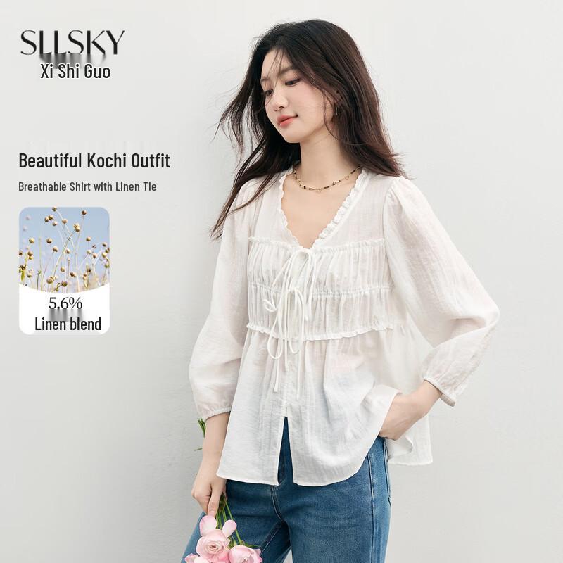 sllsky Women s French Style Ruffle V-Neck Tie-Front Blouse M
