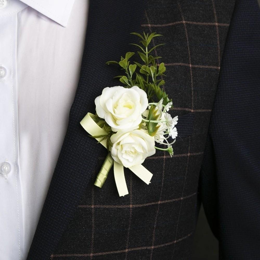 Elegant Artificial Boutonnieres Ivory Color Simulation Silk Rose Flowers  Wedding Accessories