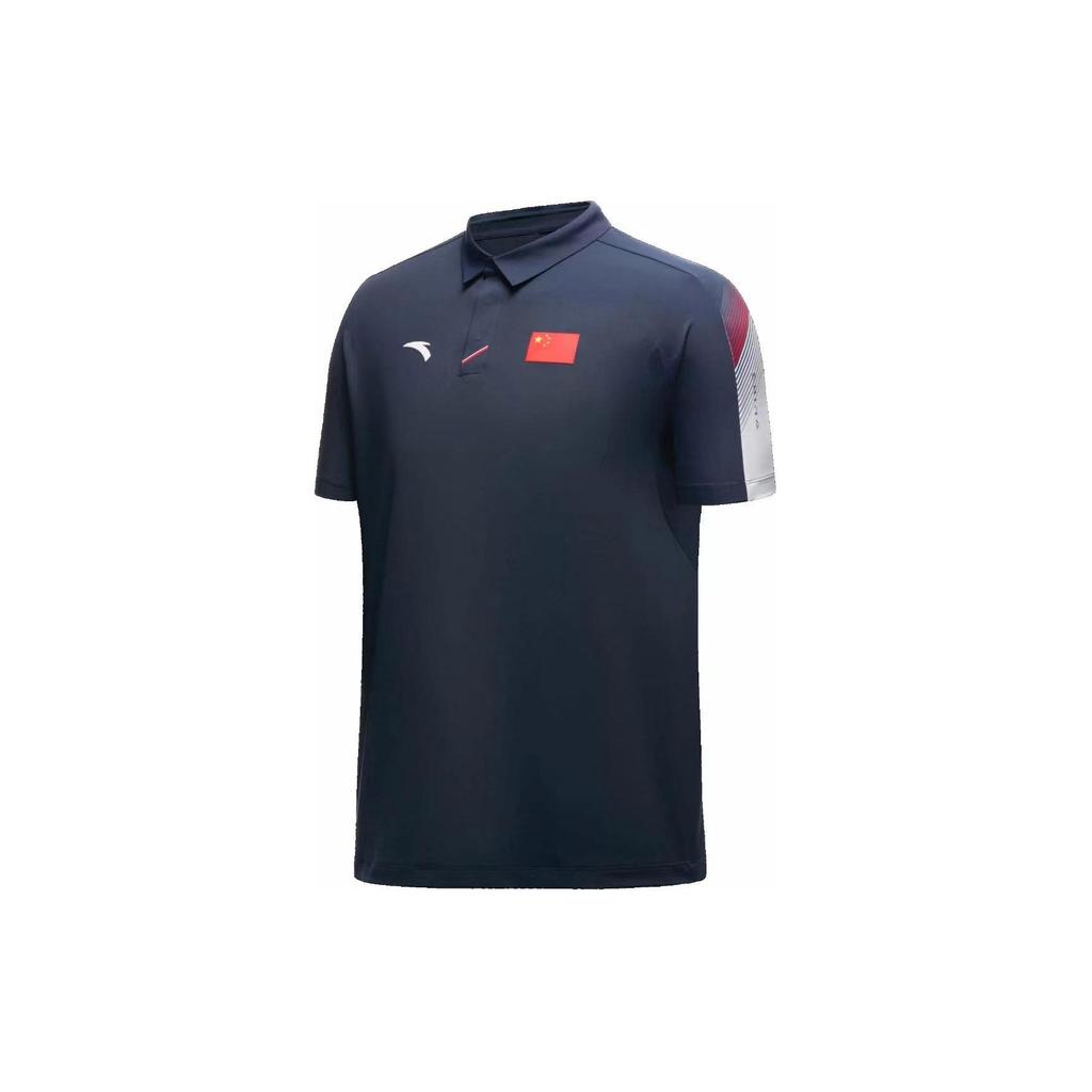 Anta Color Block Brand Logo Flag Letter Print Pullover Short Sleeve Polo Shirt Men Polo Shirts Midnight-Blue 462330102-3