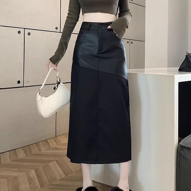 Women's Plus Size PU Leather Midi Skirt - High Waist, Back Slit, Casual A-line Pencil - Autumn/Winter 2025 Collection