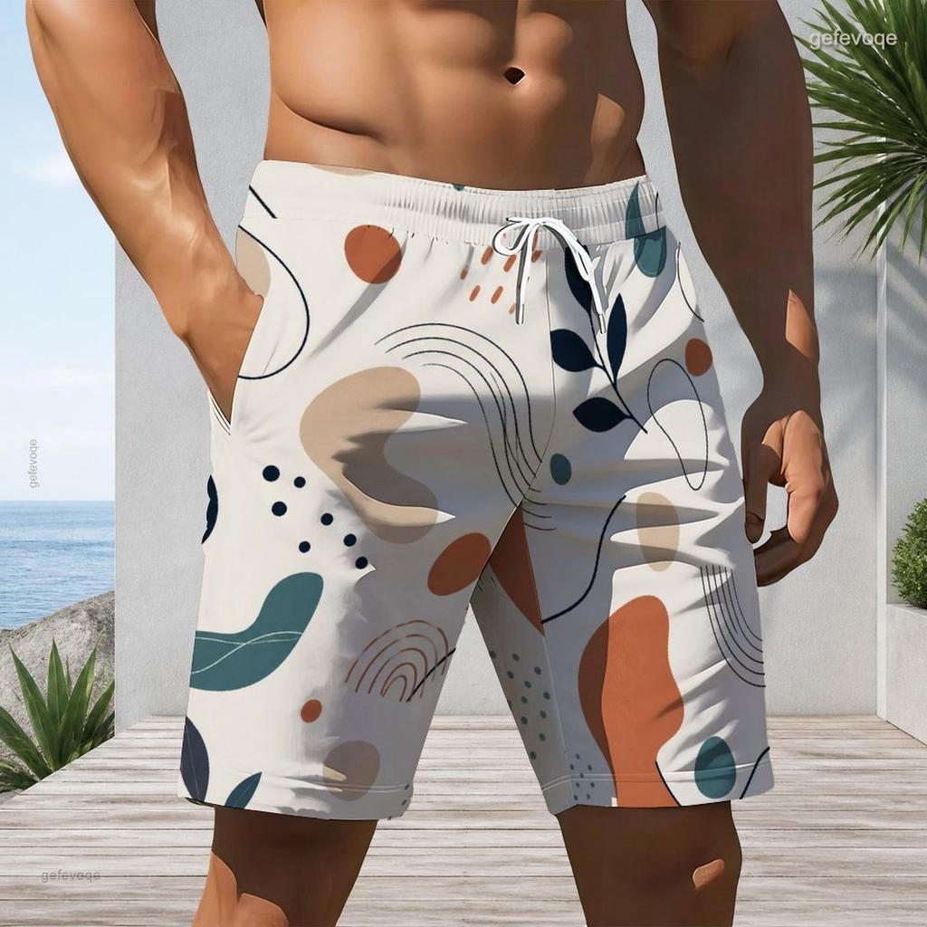 Men Plus Size Colorful Printed Beach Shorts Drawstring Waist Side Pockets Straight Leg