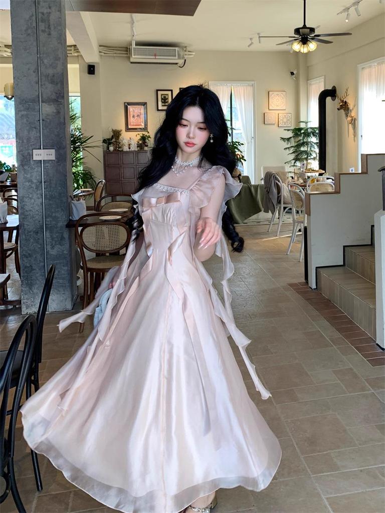 Elegant Summer Bow Ribbon Square Neck Dress for Women