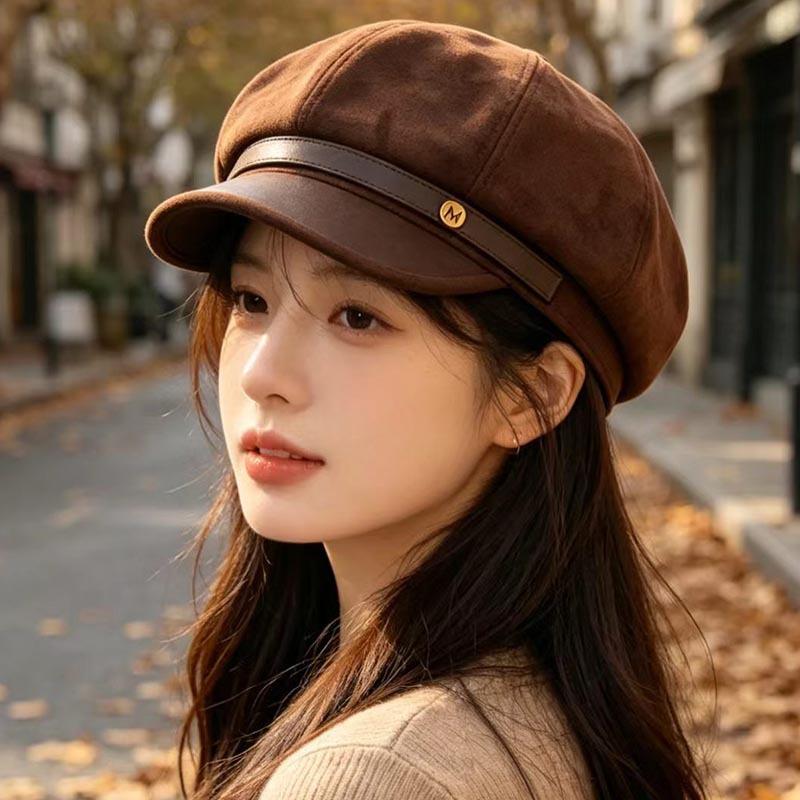 Autumn and winter new suede octagonal hat women's M metal label belt newsboy hat British retro versatile painter hat