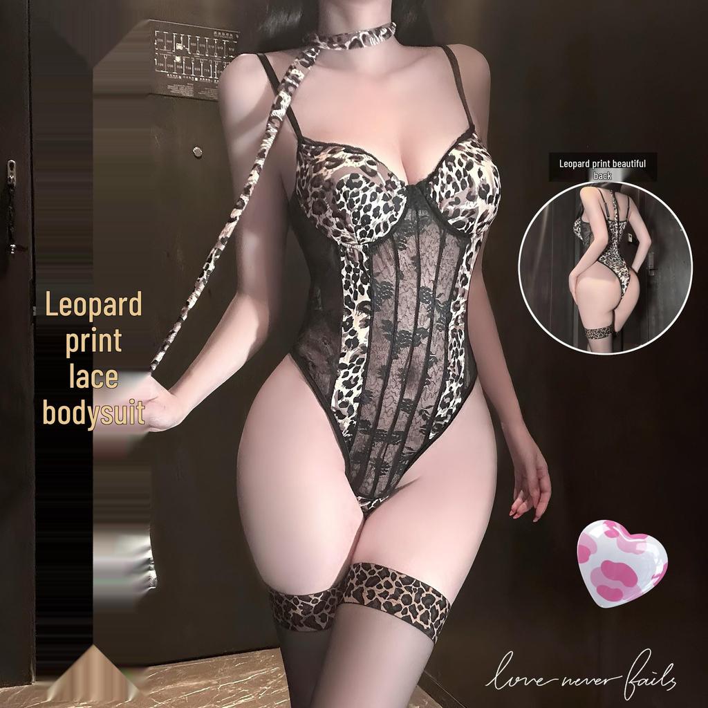 European & American Leopard Lace Hot Uniform Bodysuit with Padded Cups - Seductive & Sexy Lingerie