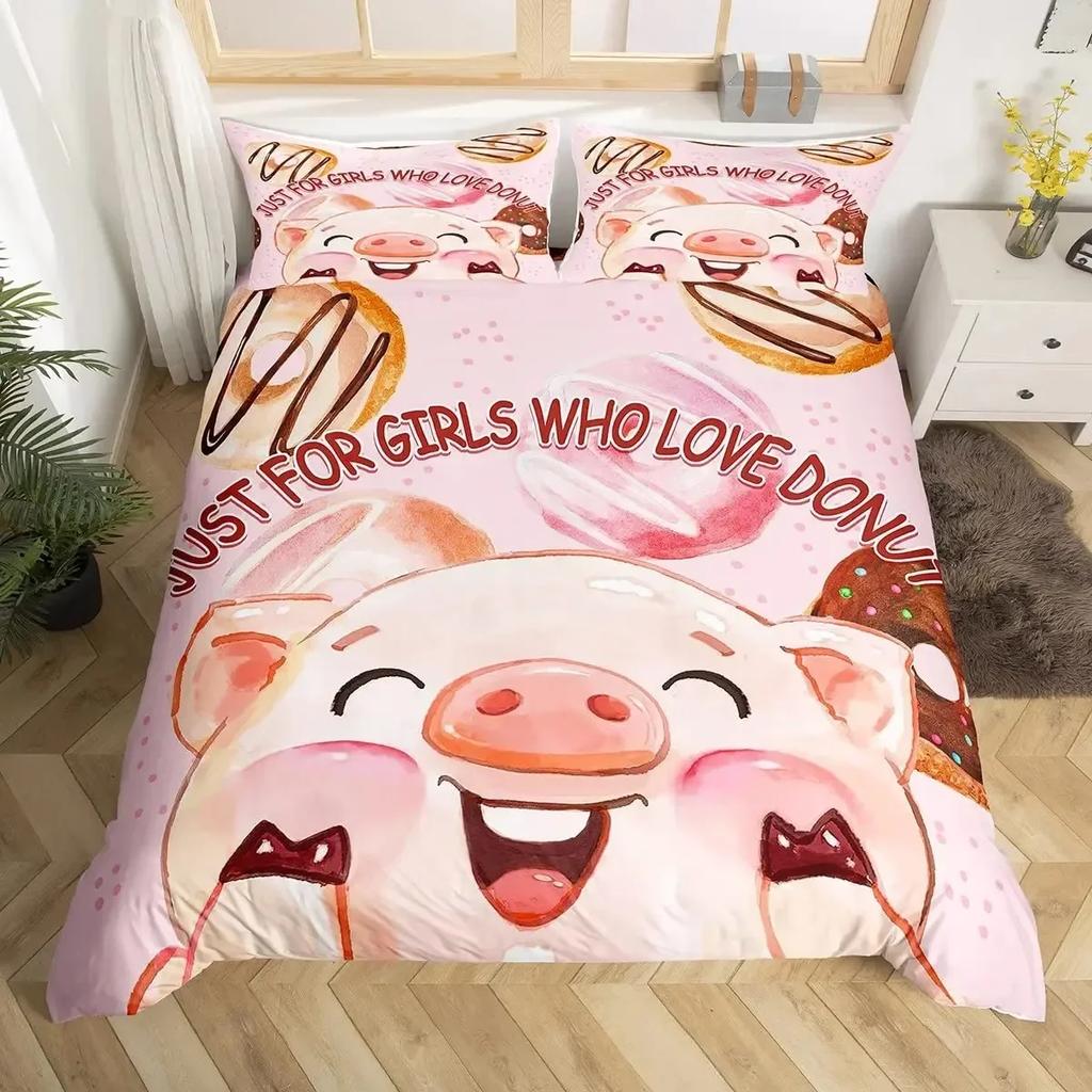 Cute Pig sunflowers Florals Pink Grid Lattice Plaid Comfortable Duvet Quilt Cover Pillowcase Bedding Set Bedroom Home Textile