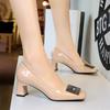 American Style Banquet TemperamentThick Heel Shallow Mouth Square Toe Patent Leather Metal Buckle Medium Heel Single Shoes