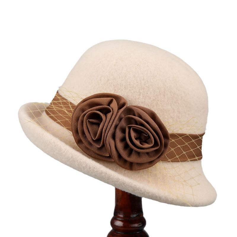 Hatt Dame høst og vinter ull varm bøttehatt Allsidig blomsterkrøllet topphatt Britisk mote ull pottelue