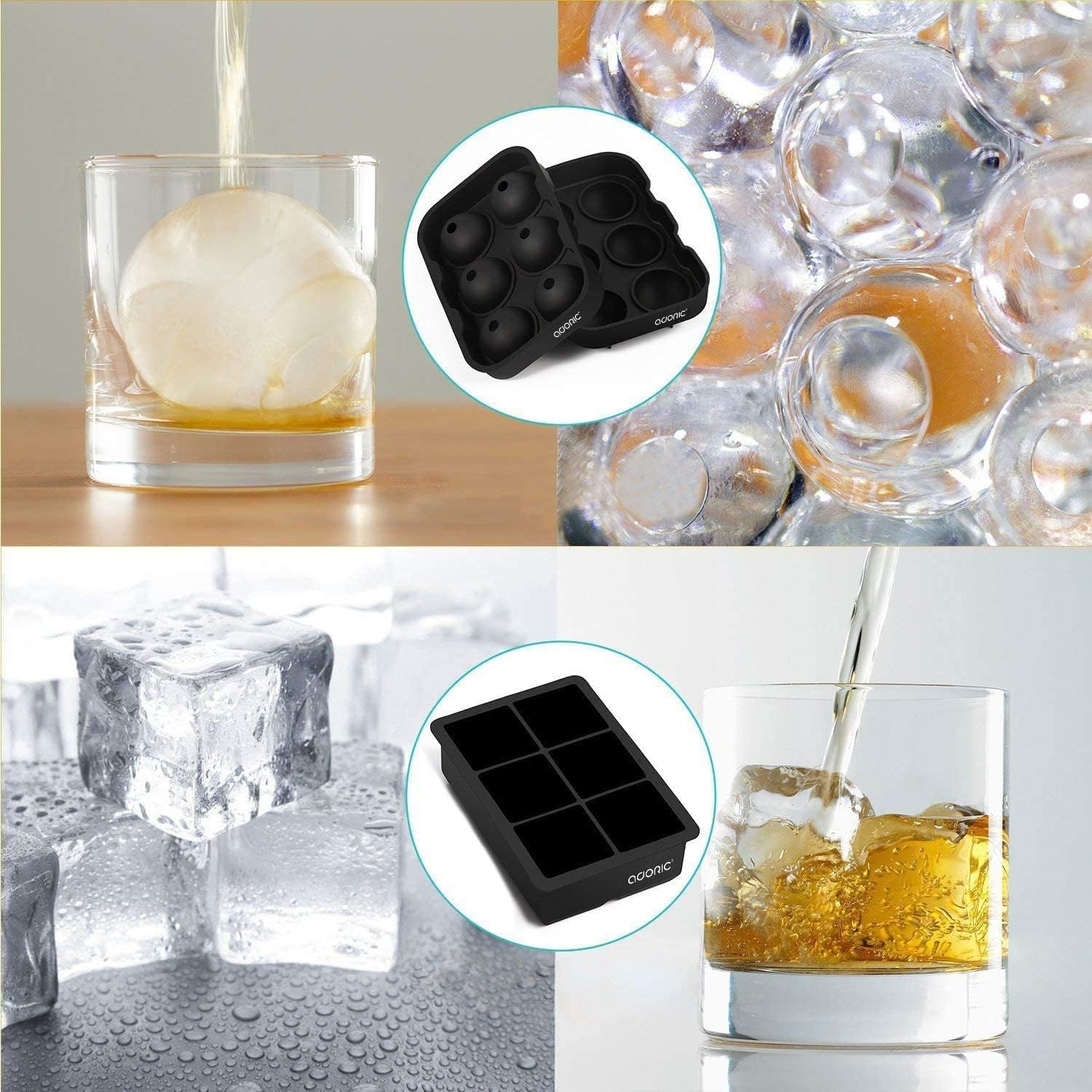 Ice Cube Tray, Large Square Ice Tray and Sphere Ice Ball Maker with Lid for Whiskey and Homemade, Reusable,Easy Demold (Silicone Ice Cube Molds Set
