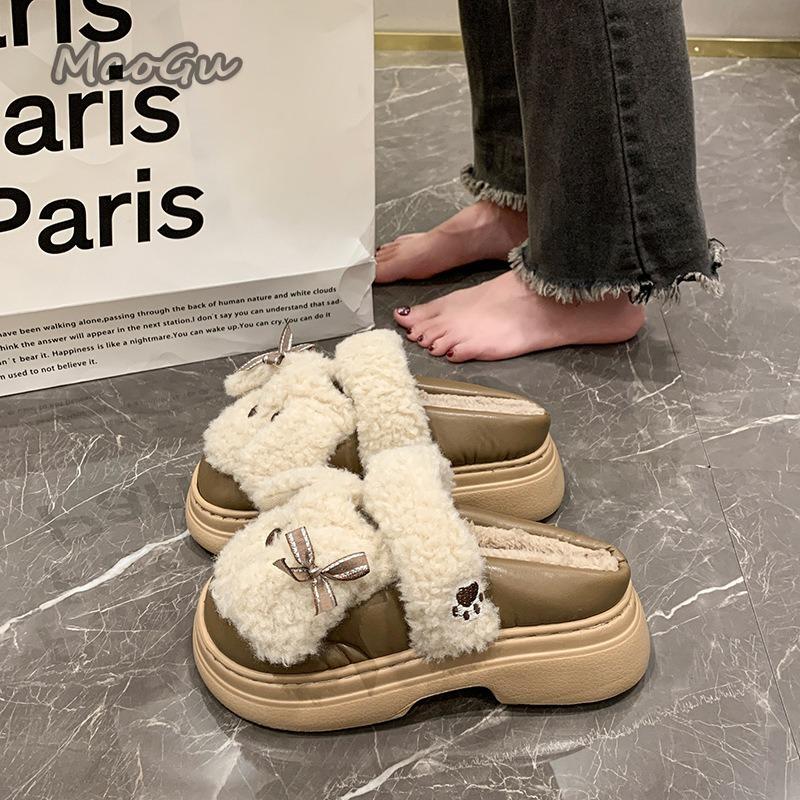 Fashion Cute Short Plush Cartoon Puppy Indoor Slippers Women Winter Warm Faux Fur Cotton Slides Comfortable Thick Bottom Bedroom Slipper