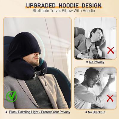 Luggage Pillow Self-Filling Travel Neck Pillow with Adjustable Size Shoulder Straps Refillable Hooded Design Packing Pillow Portable Travel Accessory