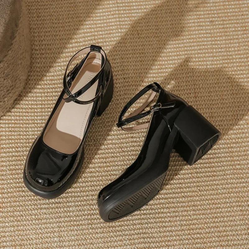 Fashion French Mary Jane Women's Shoes Chunky Heel High Heels Retro Buckle Elegant Single Shoes Spring Autumn Versatile Round Toe