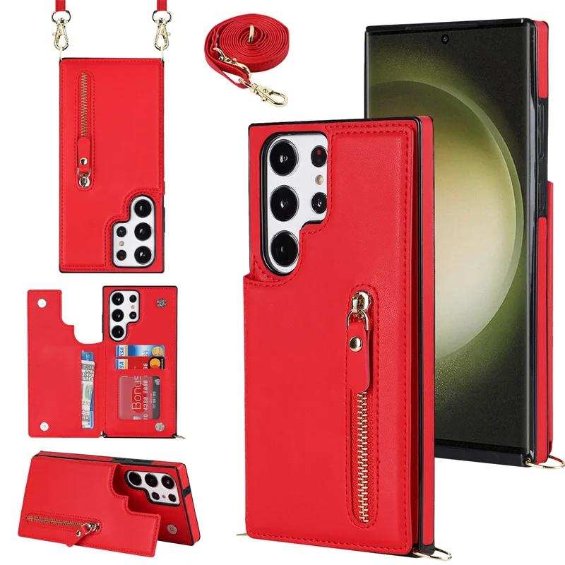 Zipper Wallet with Card Holder CrossbodyPhone Case for Samsung Galaxy S23 S21 S20 FE S24 S22 Plus S25 Ultra Leather Cover