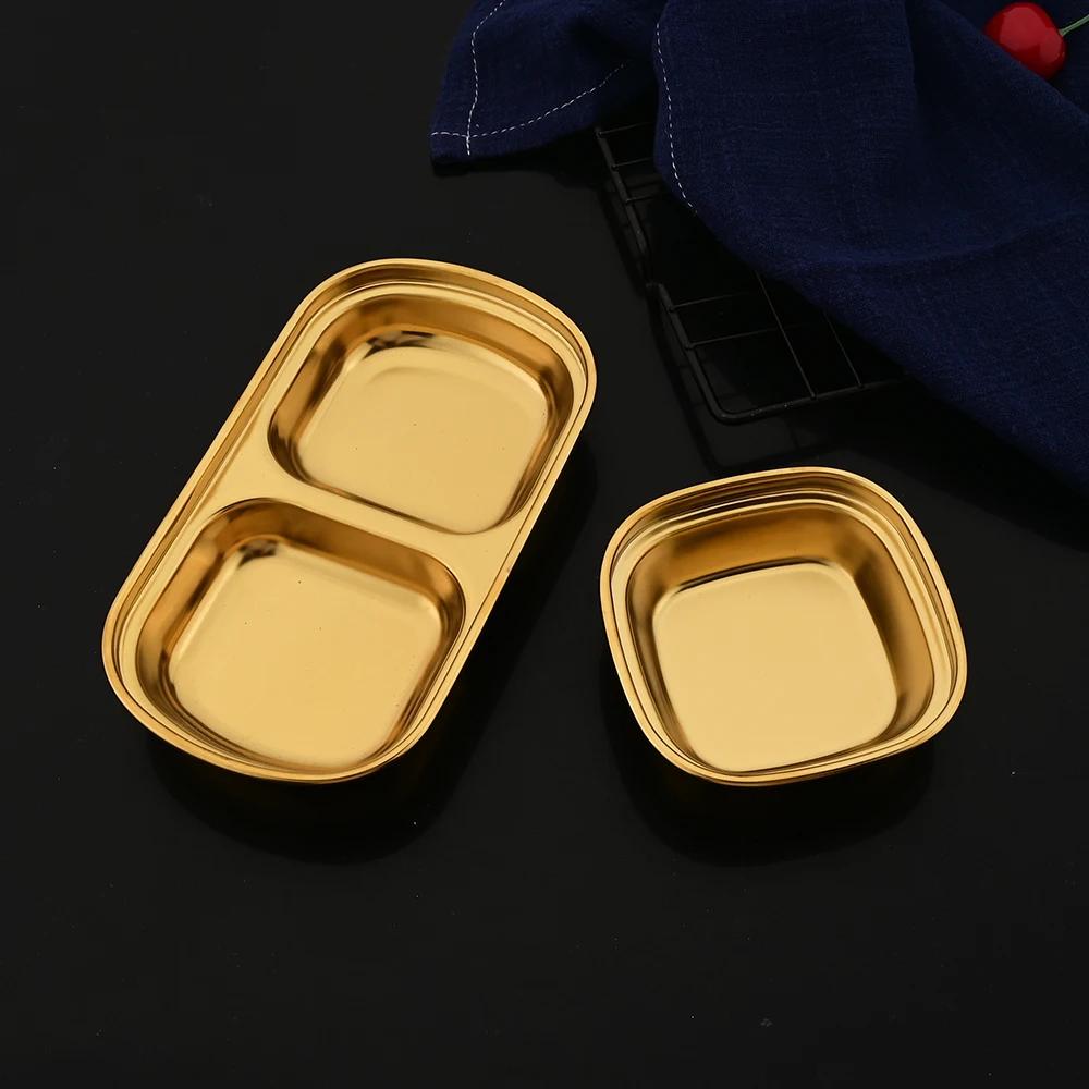 Golden Korean Style Stainless Steel Divided Dip Bowls Sauce Plate Seasoning Dipping Condiment Tray for BBQ Vinegar Spice Ketchup