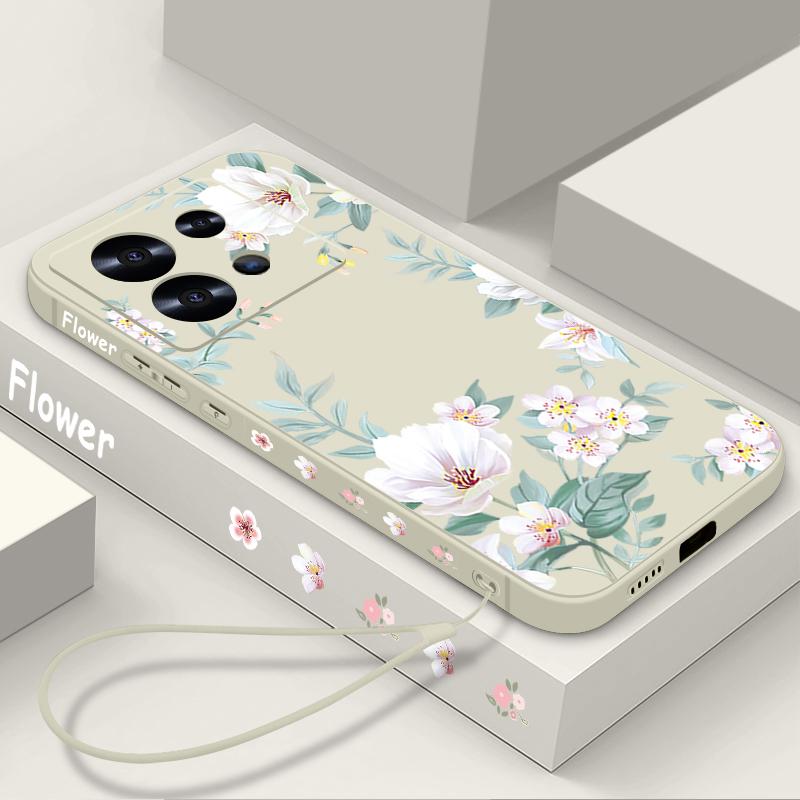Coque fine mate à imprimé floral uni pour Xiaomi 13T Pro, Poco F6, X6, X5, Redmi Note 14 Pro, 13, 12, 11, avec cordon, en TPU souple et antichoc