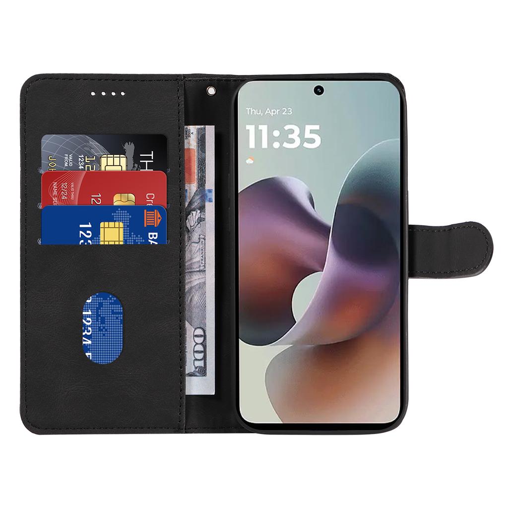 For Motorola Moto G56 5G Wallet Case Leather Phone Cover Stand with Curved Line Design -  Black