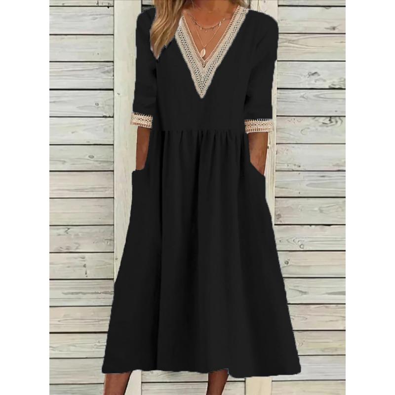 Mote V-hals Stor Størrelse Kort Erm Sommerkjole Kvinner Elegant Løs Kontor Casual A-linje Selskapsblonderkjoler Ensfarget Dame Plissert Hul Bekledning