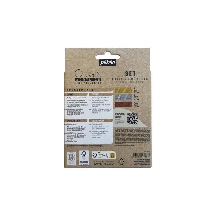 Peinture Acrylique - PEBEO - ORIGIN ACRYLICS SET - 3 x 60 ML - Métallique - Finition Mat