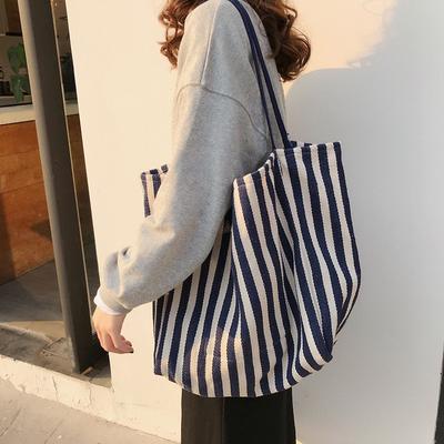 Large Capacity Classic Retro Striped Shoulder Bag Simple Canvas Bag Trendy Street Shot Cloth Bag