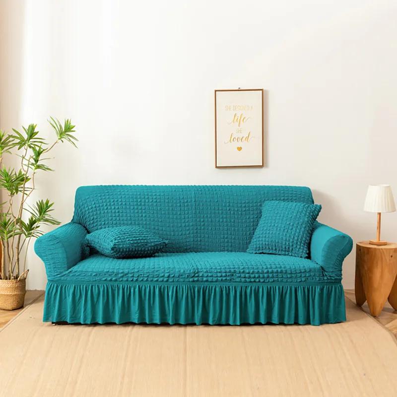 High Elastic Bubble Grid Sofa Cover 1/2/3/4 with Skirt Hem Universal Stretch Couch Protector for Home Living Room Pet Anti Dirt