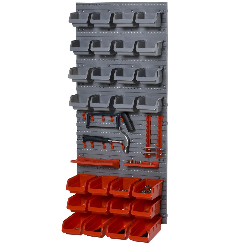 Tool Rack, 44-Piece Wall-Mounted, 95 x 54 cm, 28 Stackable Boxes, Grey and Red