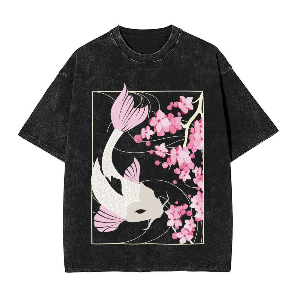 Koi Karpfen Fisch Japanische T-Shirts Gewaschen Kurzarm Harajuku T-Shirts Vintage Herren Damen Streetwear Bedrucktes T-Shirt