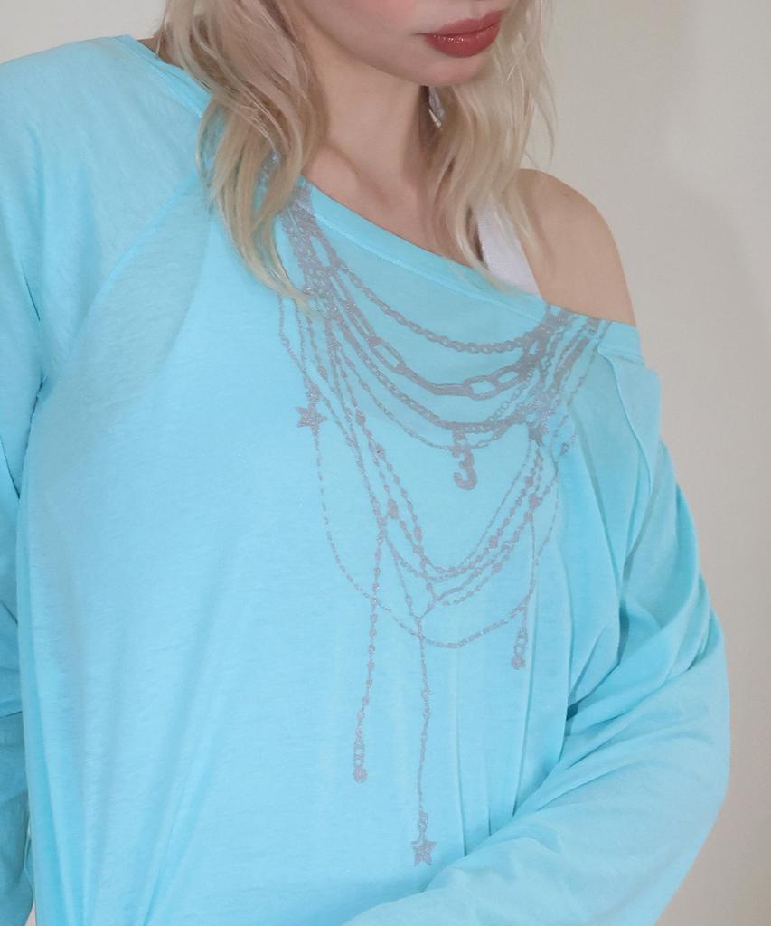 CRANK Sheer Necklace Off-Shoulder Top_Aqua Blue