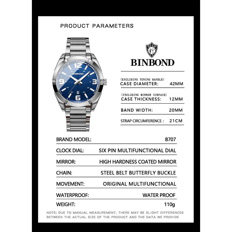 BINBOND Men's Watch Big Digital Fashion Business Waterproof Calendar Night Light Stainless Steel Quartz Men's Watch Men's Gift