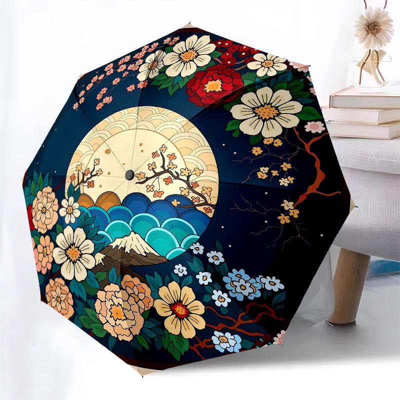 1pc Japanese Floral Moon Landscape Umbrella with Plastic Handle,Vibrant Cartoon Pattern,Multi-functional UmbrellaPT142