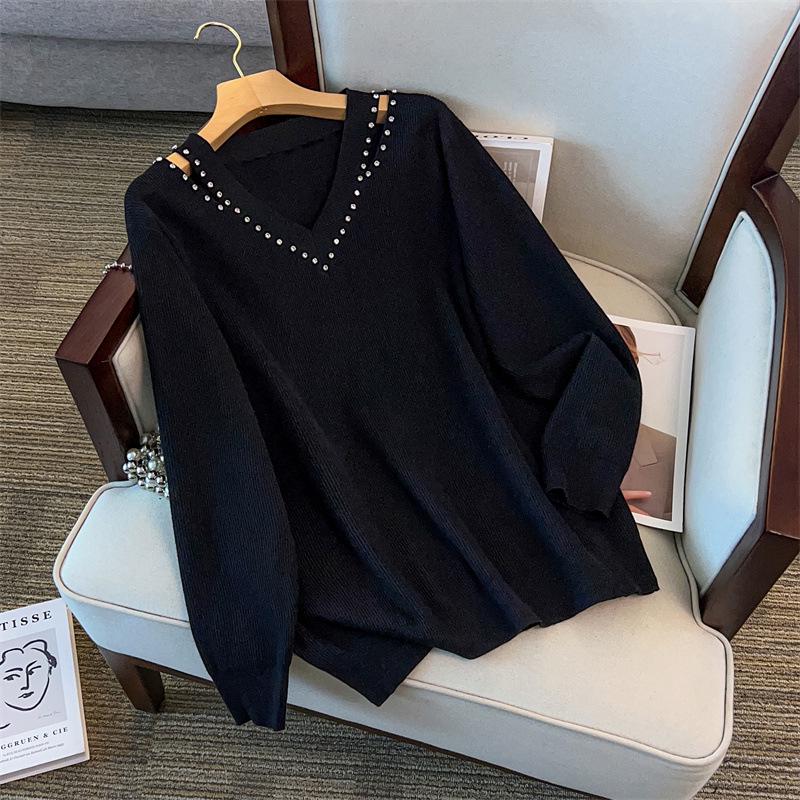 Plus Size V-Neck Loose Fit Long-Sleeve Knitted Sweater, Mid-Length, Slimming Design 200/300/350 Jin - Style 8097