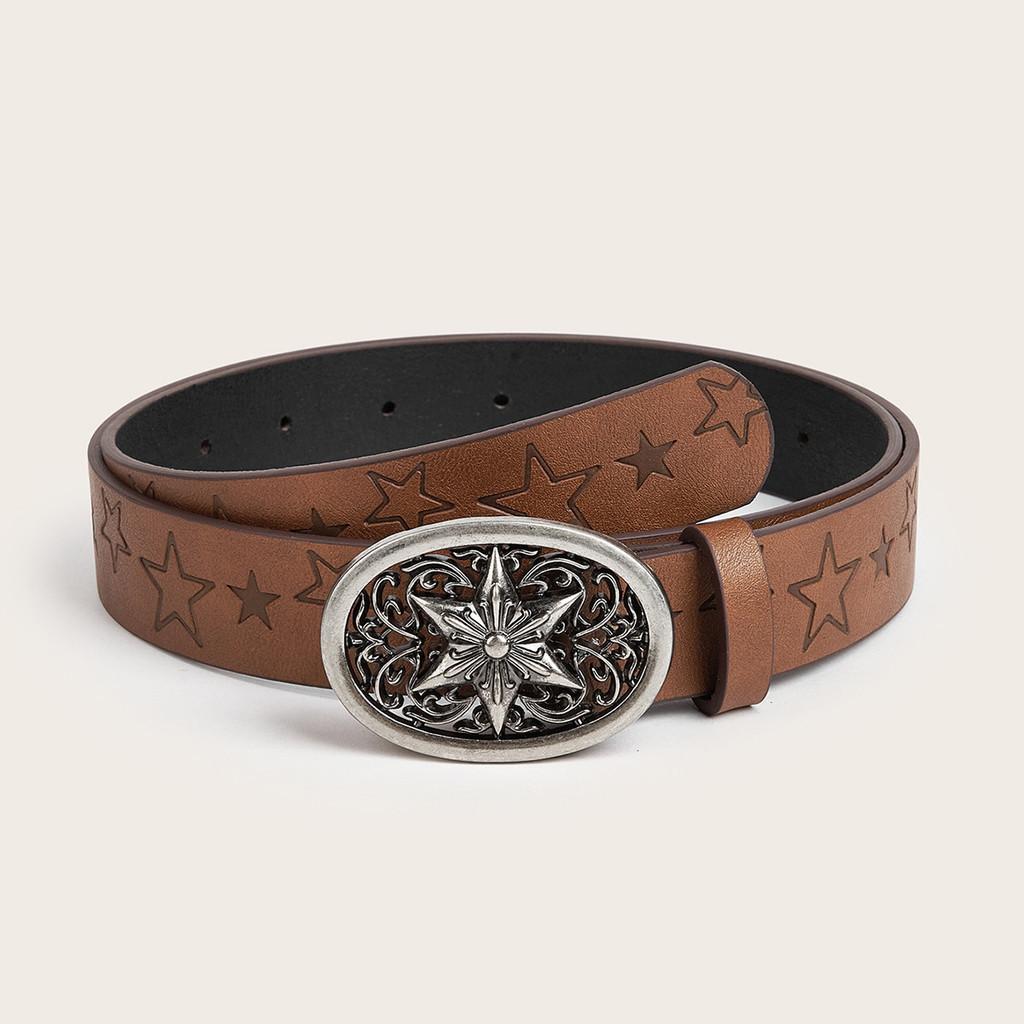 Unique Star Patterned Faux Leather Belt With Star Button Buckle Unisex