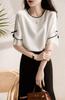 Blouse Summer Top Short Sleeve Crew Neck Pullover Chiffon Pleated Sleeves Loose Fit Stylish Feminine Clean [Seira] Women's T-Shirt