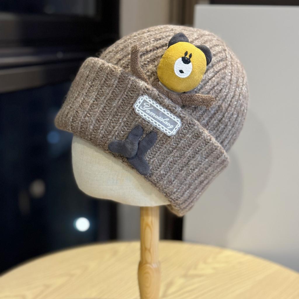 New Knitted Hat Female Cartoon Bear Winter Casual Warm Thickened Cute Ear Protection Hat Versatile Baotou Hat Trend