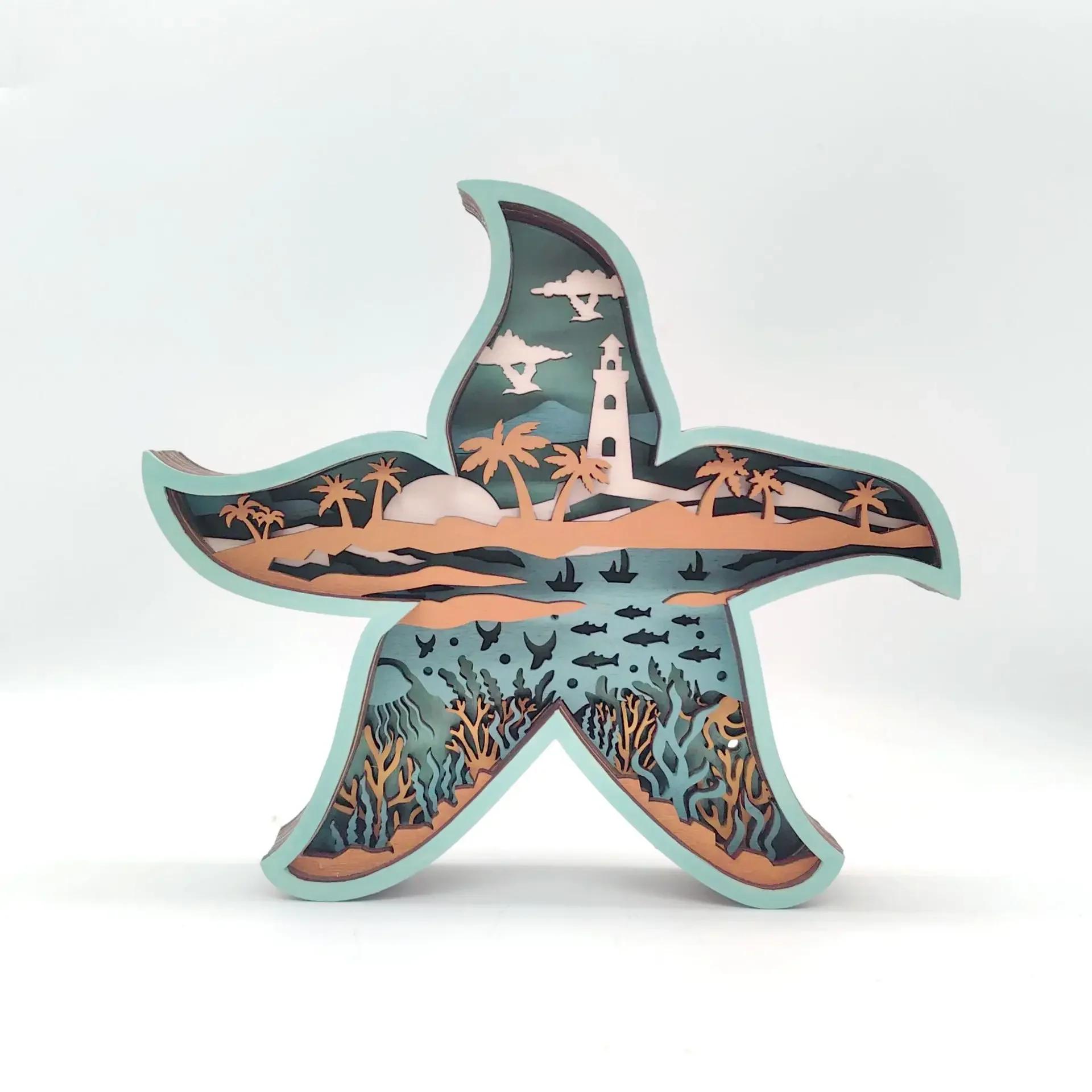 

1pc Nordic Style Creative Wooden Carving Fish Starfish Scallop Lighting Marine Wood Crafts Ornaments Home Accessories Without lights