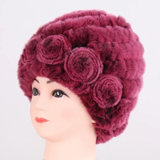 Hot Sale Winter Women Flower Striped Natural Real Fur Hats Lady Warm Knit Genuine Rex Rabbit Fur Caps Outdoor Fur Beanies Hats